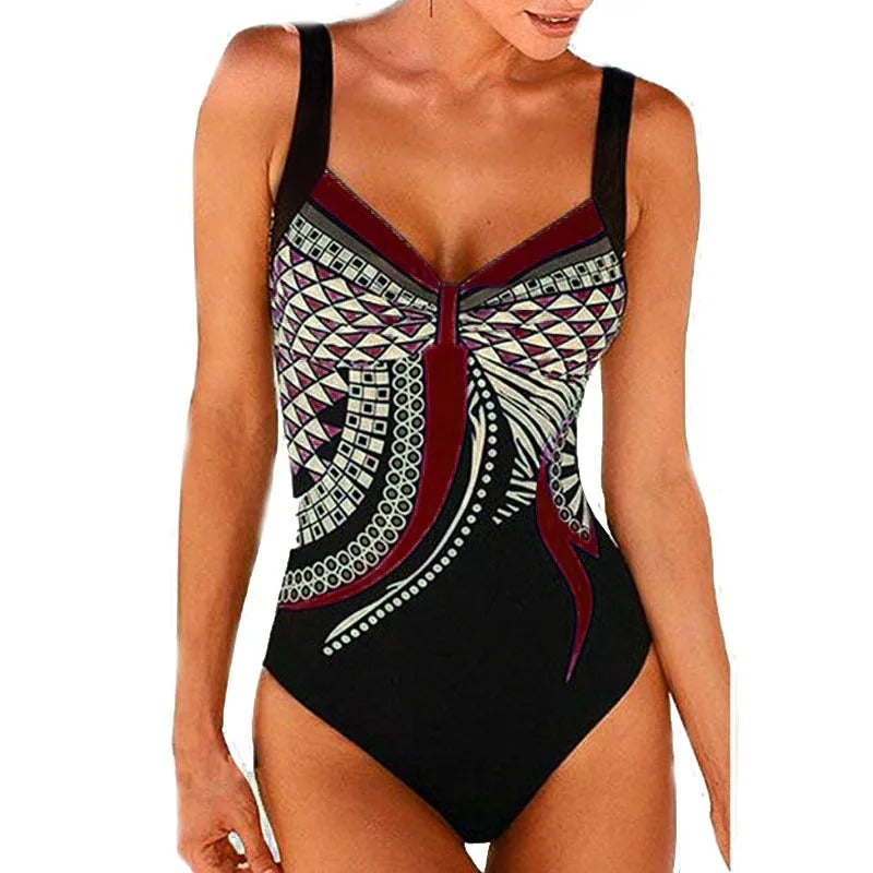 Eleganter Badeanzug für Damen – Figurformendes Design mit Print & V-Ausschnitt