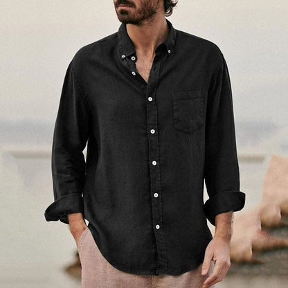 Men's Shirt - 100% Linen - Long-Sleeved Regular Fit - Breathable with Chest Pocket