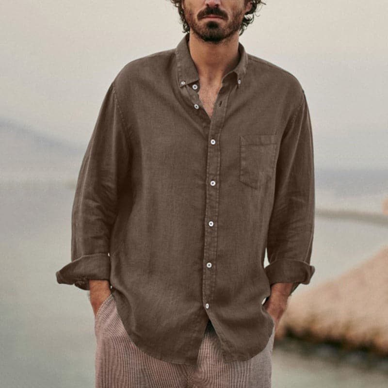 Men's Shirt - 100% Linen - Long-Sleeved Regular Fit - Breathable with Chest Pocket
