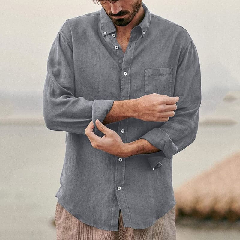 Men's Shirt - 100% Linen - Long-Sleeved Regular Fit - Breathable with Chest Pocket