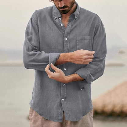 Men's Shirt - 100% Linen - Long-Sleeved Regular Fit - Breathable with Chest Pocket