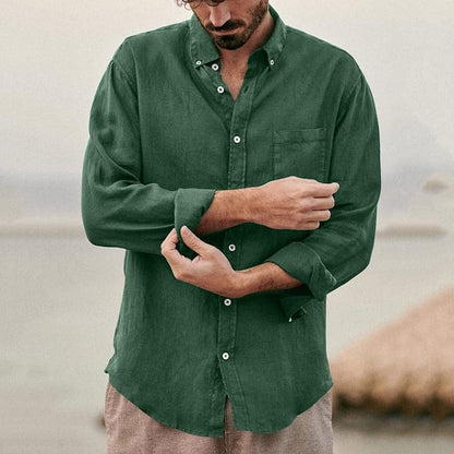 Men's Shirt - 100% Linen - Long-Sleeved Regular Fit - Breathable with Chest Pocket