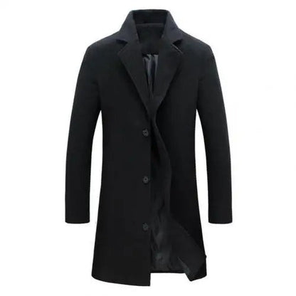 Schwarzer Herrenmantel, eleganter Wollmantel, klassischer Schnitt, Wintermode, knielang.