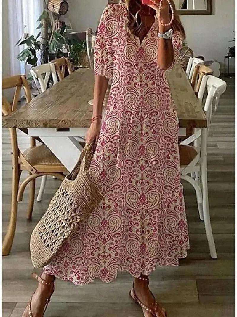 Sommarklänningar för kvinnor med blommönster och V-ringning