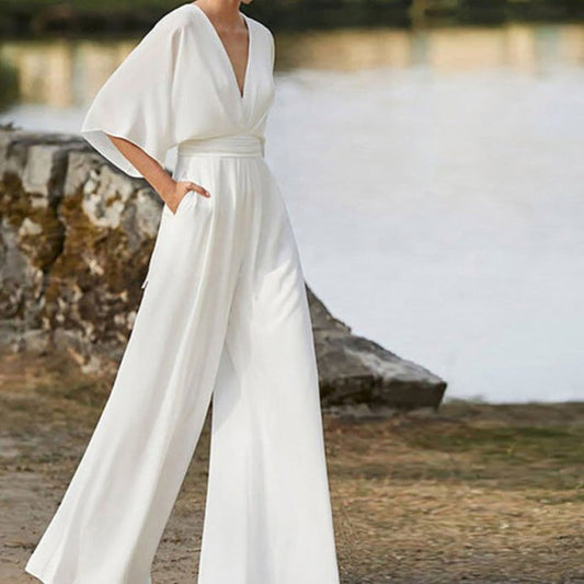 Damen-Jumpsuit mit V-Ausschnitt aus Baumwollmischung