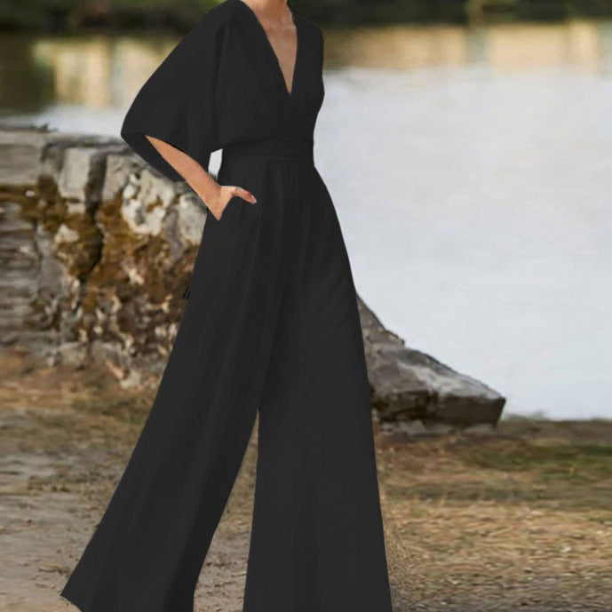 Damen-Jumpsuit mit V-Ausschnitt aus Baumwollmischung