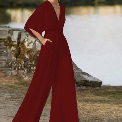Damen-Jumpsuit mit V-Ausschnitt aus Baumwollmischung
