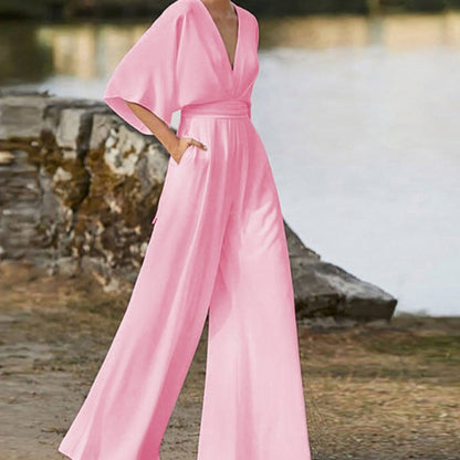 Damen-Jumpsuit mit V-Ausschnitt aus Baumwollmischung