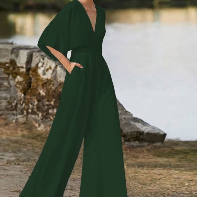 Damen-Jumpsuit mit V-Ausschnitt aus Baumwollmischung