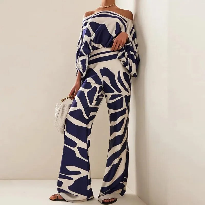 Women's Printed Two Piece Set Off Shoulder Top Wide Leg Pants