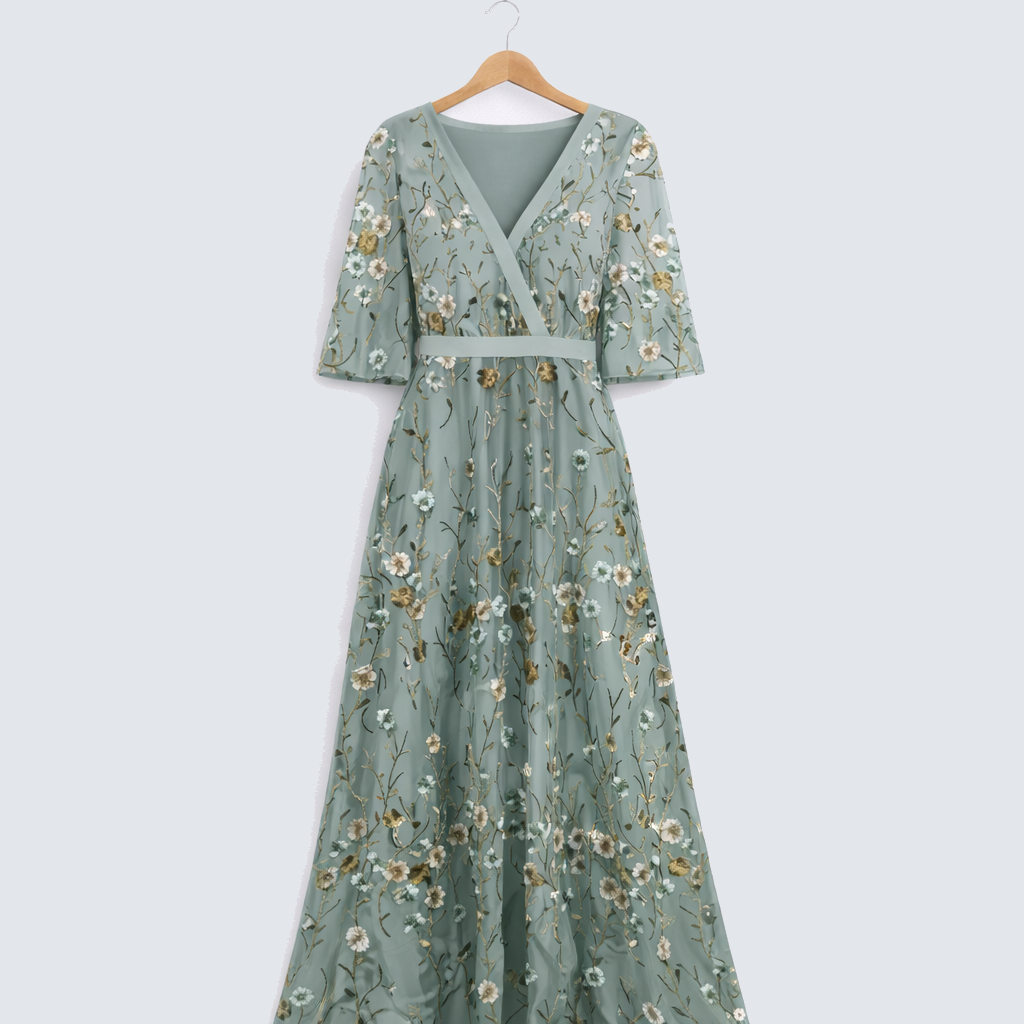 Evadne | Floral V Neck Short Sleeve Maxi Dress