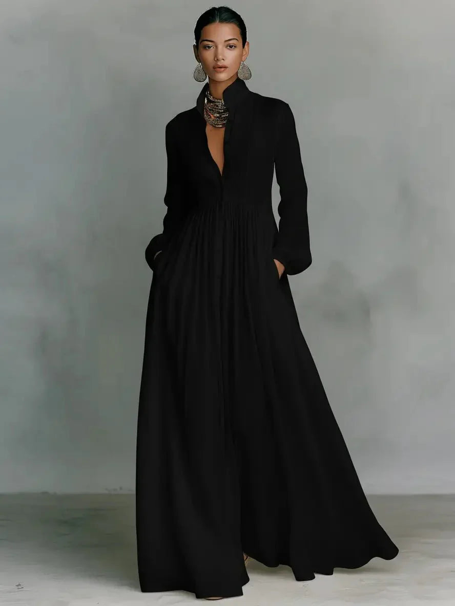 Victoria | Minimalistyczna Lniana Sukienka Maxi z Kołnierzem Mao