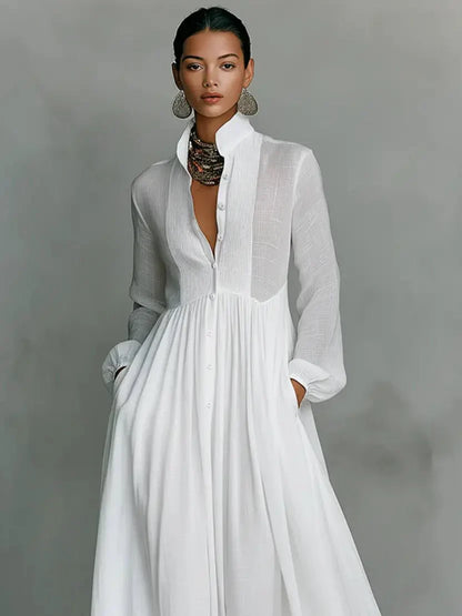 Victoria | Minimalistyczna Lniana Sukienka Maxi z Kołnierzem Mao