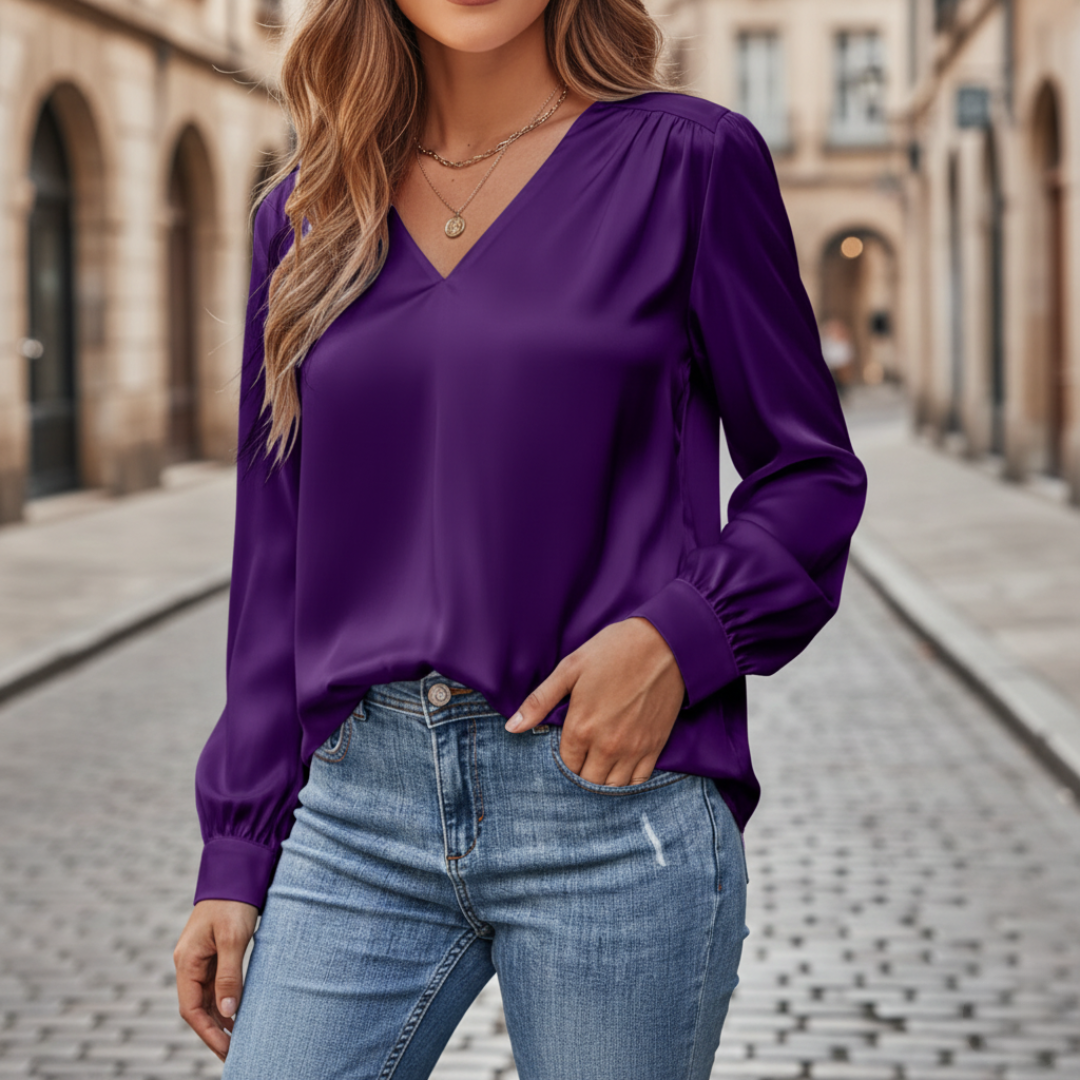 Damen Satinbluse mit V-Ausschnitt und Langarm