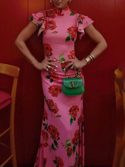 The Amelia Rose Floral Maxi Dress – Tiered Flare Sleeves & Stretch Fit