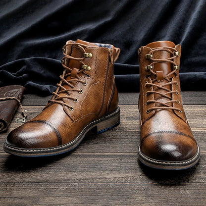 Men’s Retro Leather Ankle Boots | Zip & Lace Fastening | Rugged Style with Metal Accents