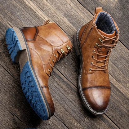Men’s Retro Leather Ankle Boots | Zip & Lace Fastening | Rugged Style with Metal Accents