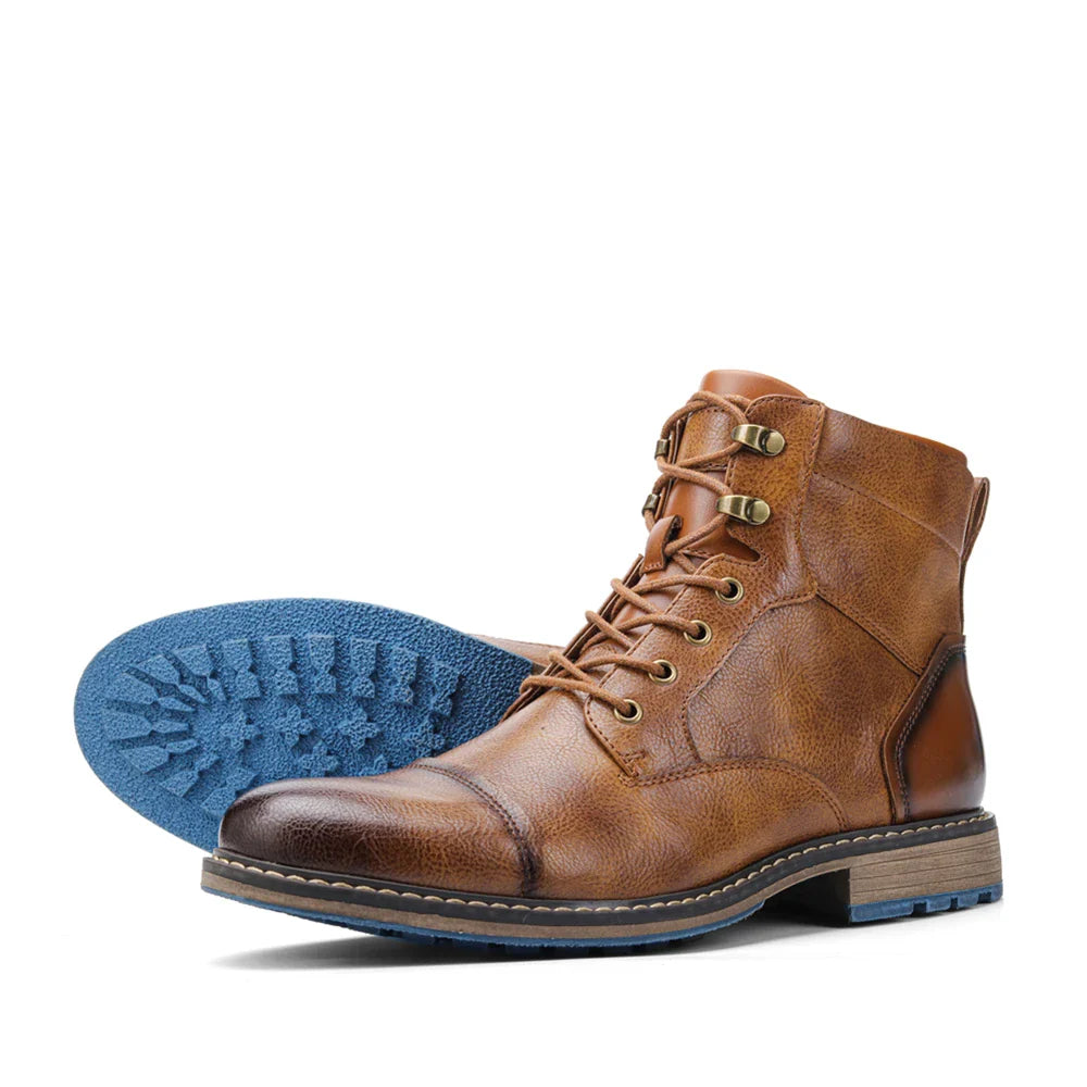 Men’s Retro Leather Ankle Boots | Zip & Lace Fastening | Rugged Style with Metal Accents
