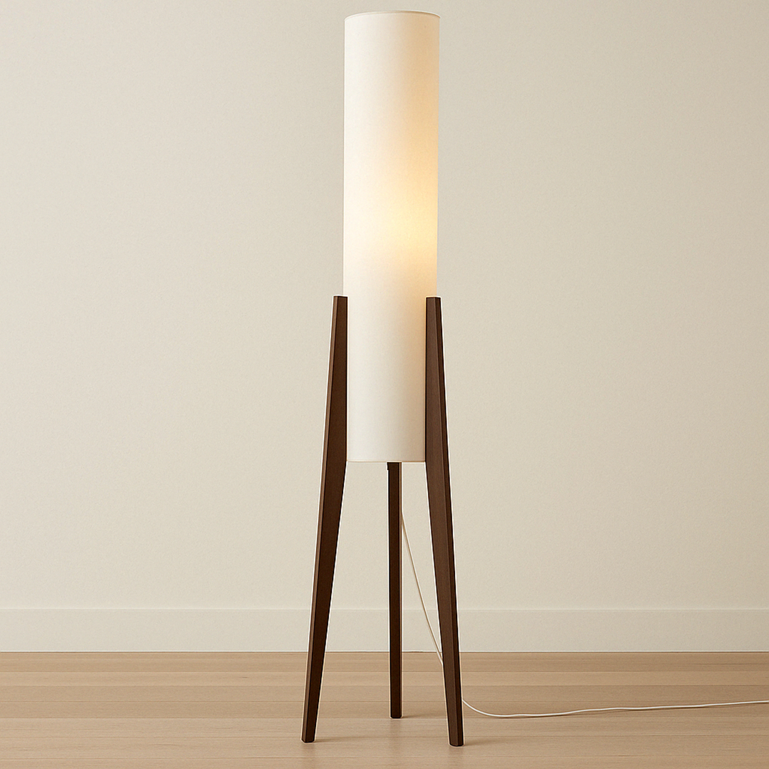 Solid Walnut Floor Lamp – Tripod Wood Base With Cylindrical Fabric Shade