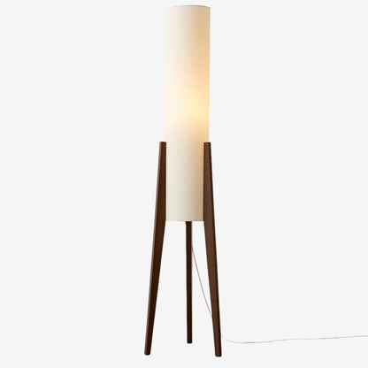 Solid Walnut Floor Lamp – Tripod Wood Base With Cylindrical Fabric Shade