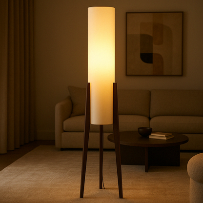 Solid Walnut Floor Lamp – Tripod Wood Base With Cylindrical Fabric Shade