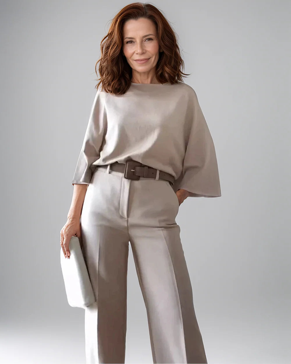 Wanda Cutino Elegant Autumn Dress - styled on model full-length view