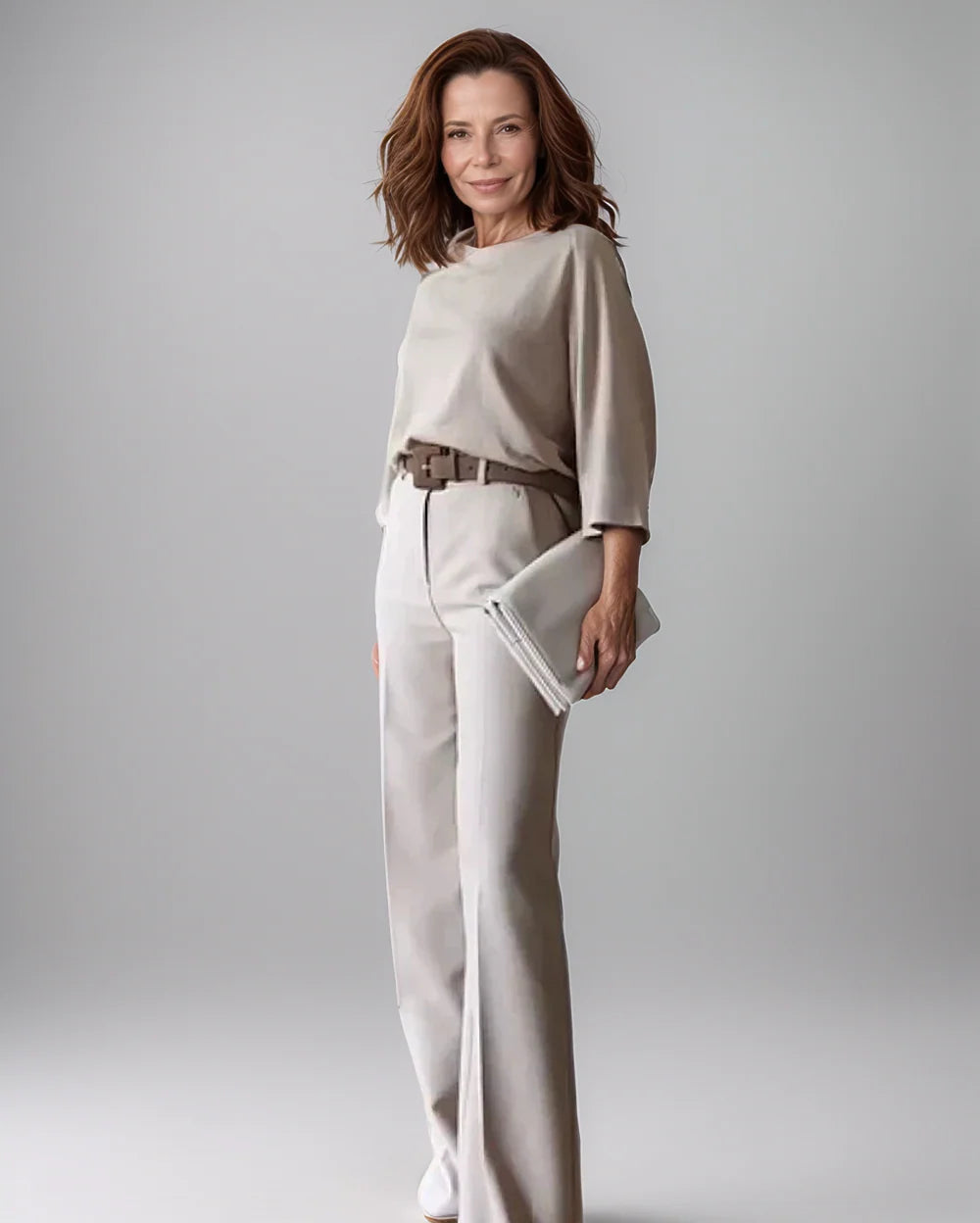 Wanda Cutino Elegant Autumn Dress - model wearing dress lifestyle view