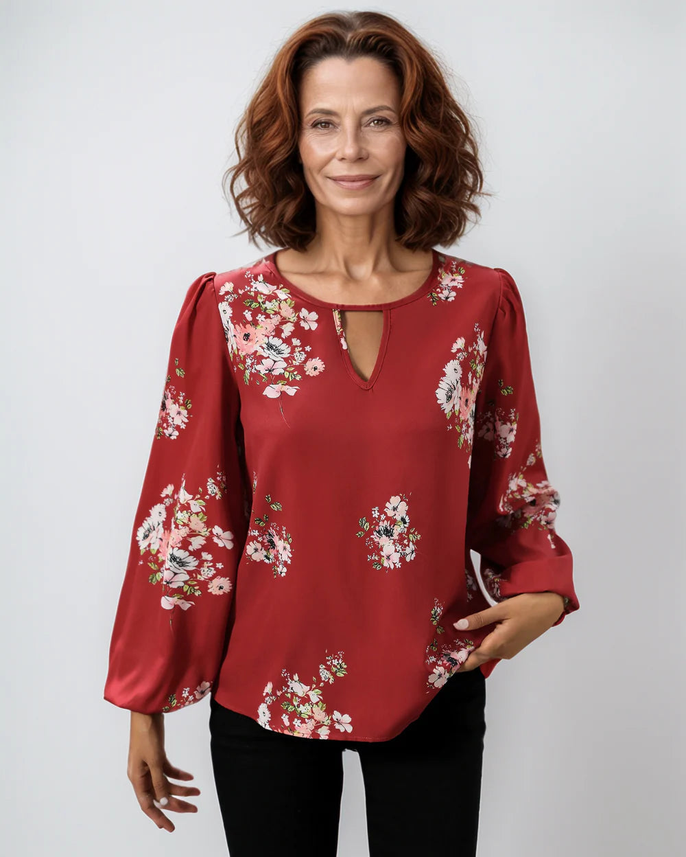 Wanda Cutino Elegant Autumn Dress - upper body close-up styling
