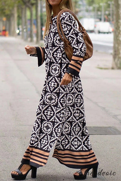 Geometric Print Long Sleeve Casual Maxi Dress
