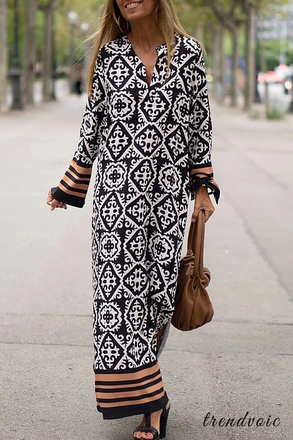 Geometric Print Long Sleeve Casual Maxi Dress