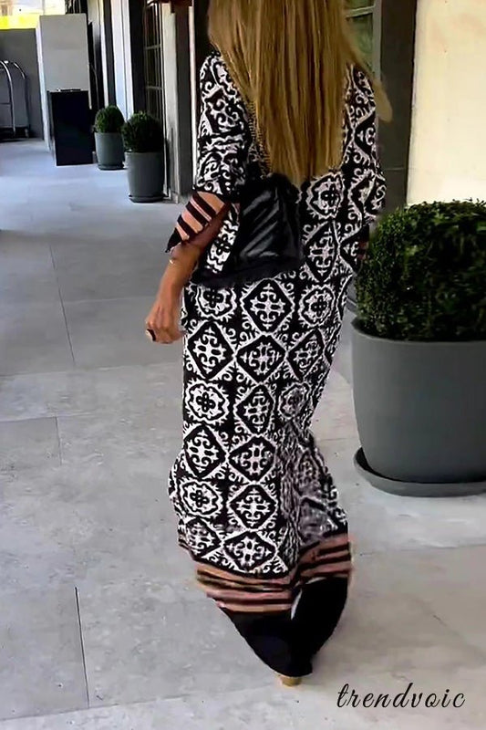 Geometric Print Long Sleeve Casual Maxi Dress