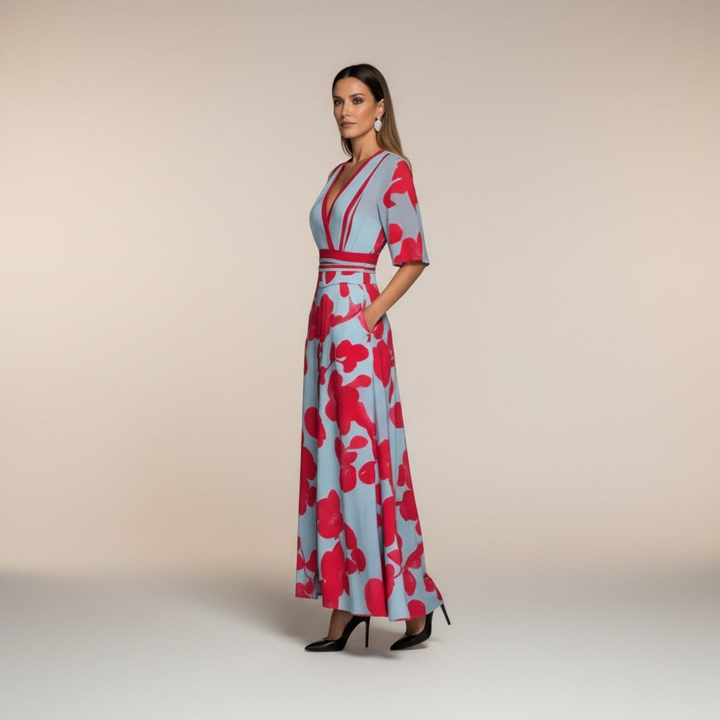 Marina - Vestido largo estampado con cuello en v favorecedor