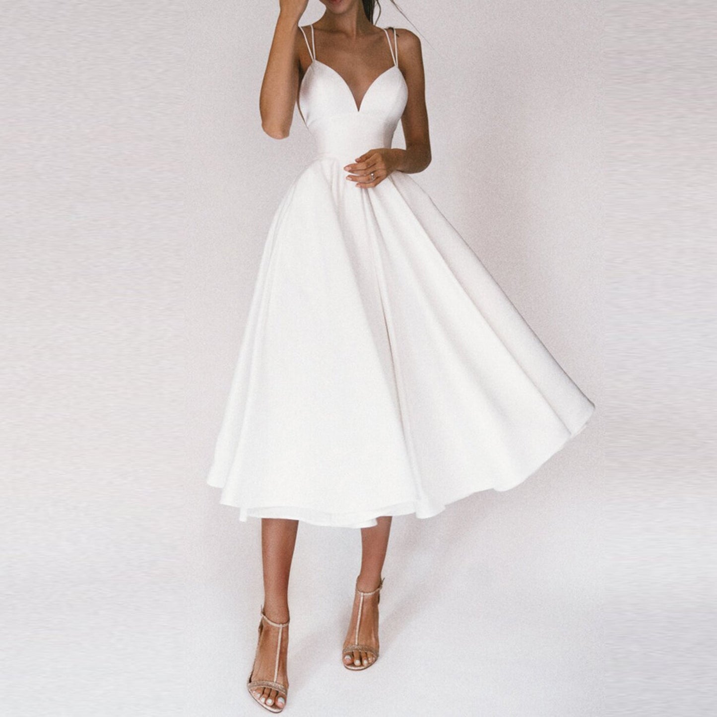 Women’s Midi Dress Flared Skirt Structured Bodice Strap Detail