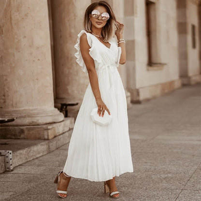 Robe Maxi Élégante Sans Manches à Volants pour Femmes – Robe d’Été Plissée à Col V