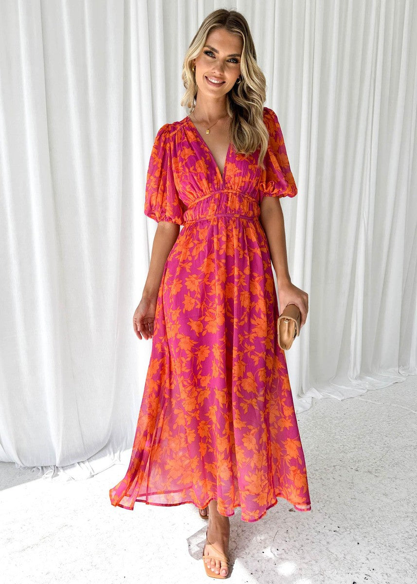 Annara – Floral V Neck Maxi Wedding Guest Dress