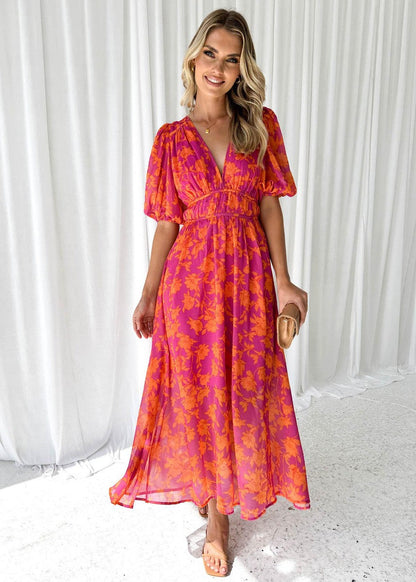Annara – Floral V Neck Maxi Wedding Guest Dress