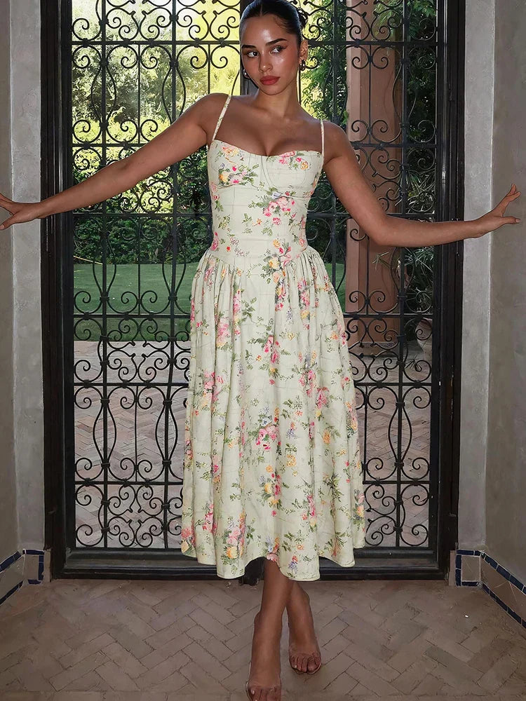Women's Floral Strap Midi Wedding Guest Dress