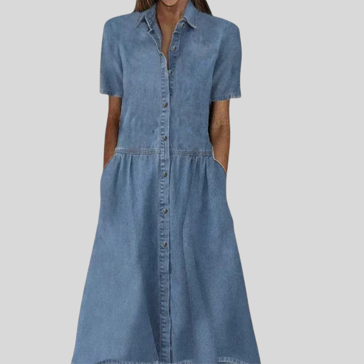 Image of Women's Button-Front Denim Shirt Midi Dress