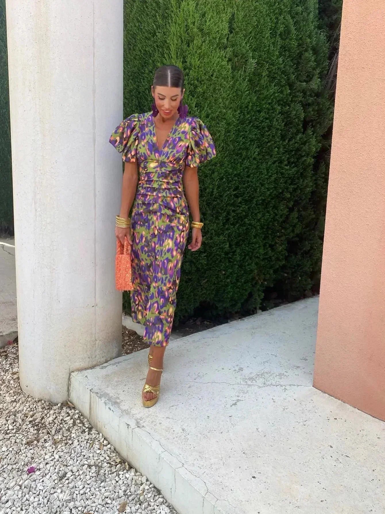 Image of Women's Puff Sleeve Fit & Flare Midi Dress