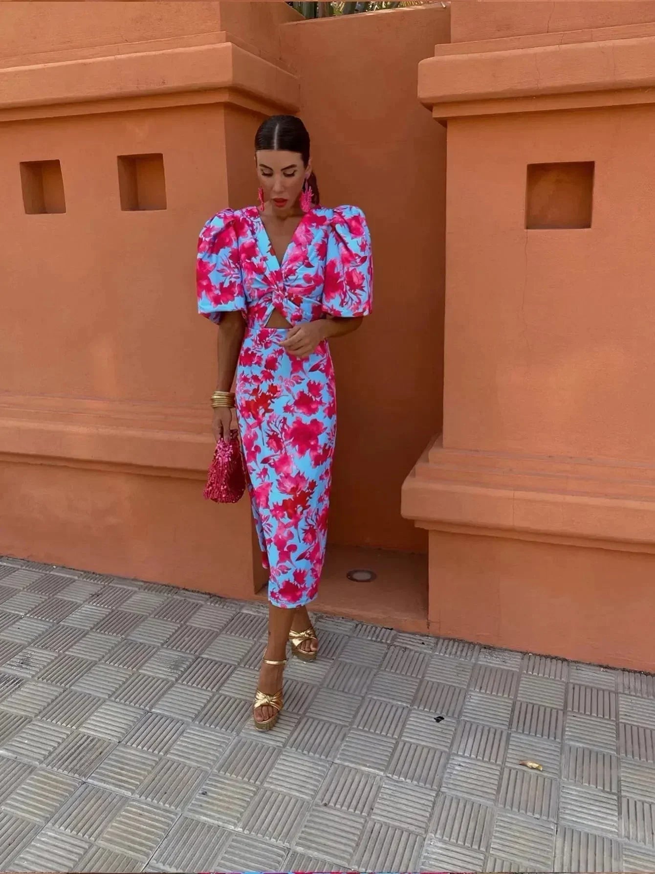 Image of Women's Puff Sleeve Fit & Flare Midi Dress