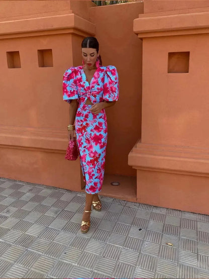 Image of Women's Puff Sleeve Fit & Flare Midi Dress