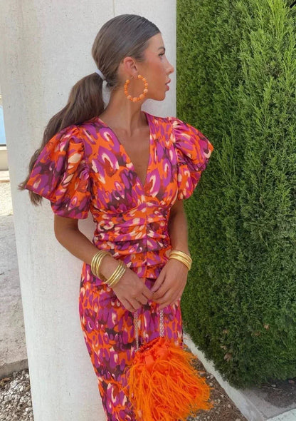 Image of Women's Puff Sleeve Fit & Flare Midi Dress