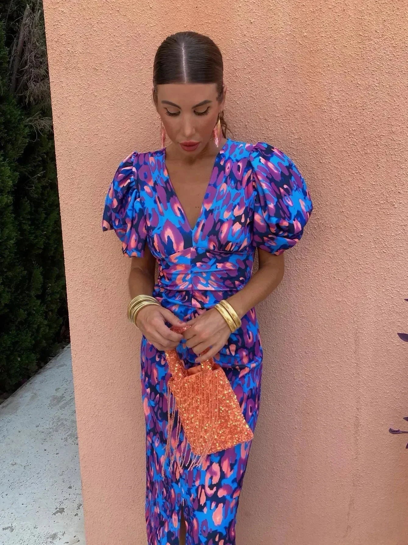 Image of Women's Puff Sleeve Fit & Flare Midi Dress