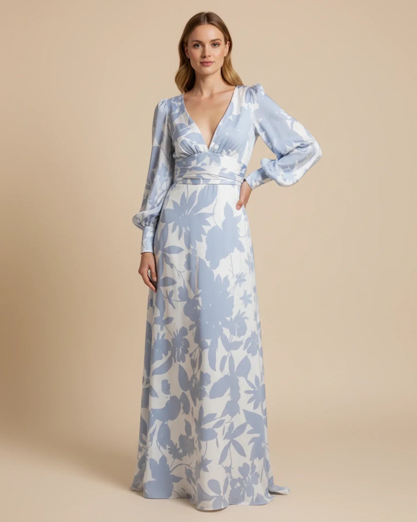 Abito Maxi Floreale Donna – Elegante Scollo a V con Maniche Bishop