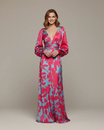 Abito Maxi Floreale Donna – Elegante Scollo a V con Maniche Bishop