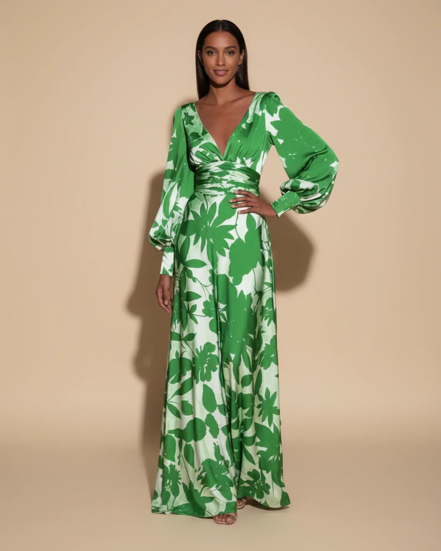 Abito Maxi Floreale Donna – Elegante Scollo a V con Maniche Bishop