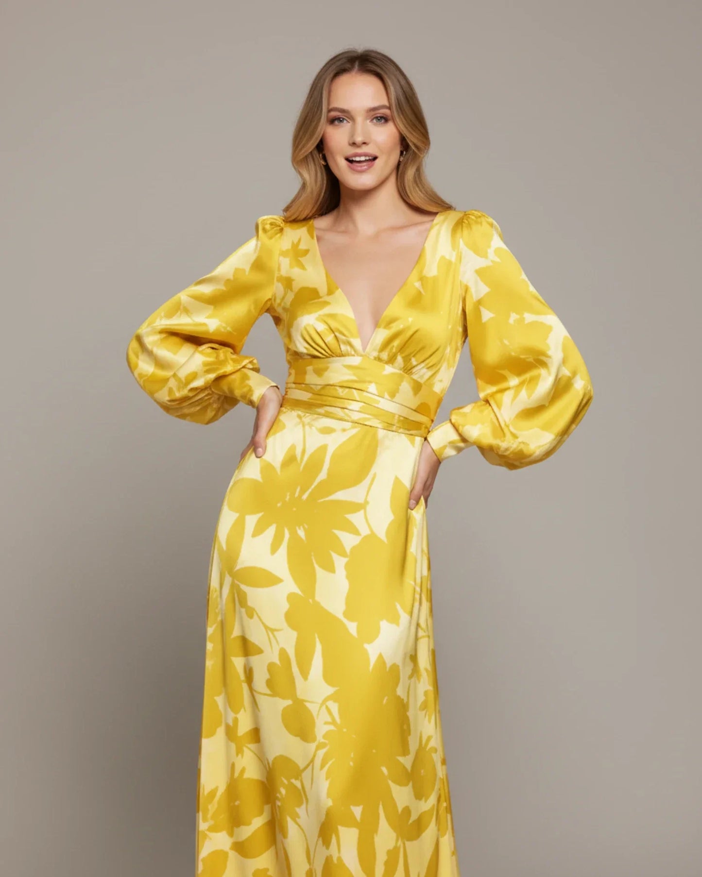 Abito Maxi Floreale Donna – Elegante Scollo a V con Maniche Bishop