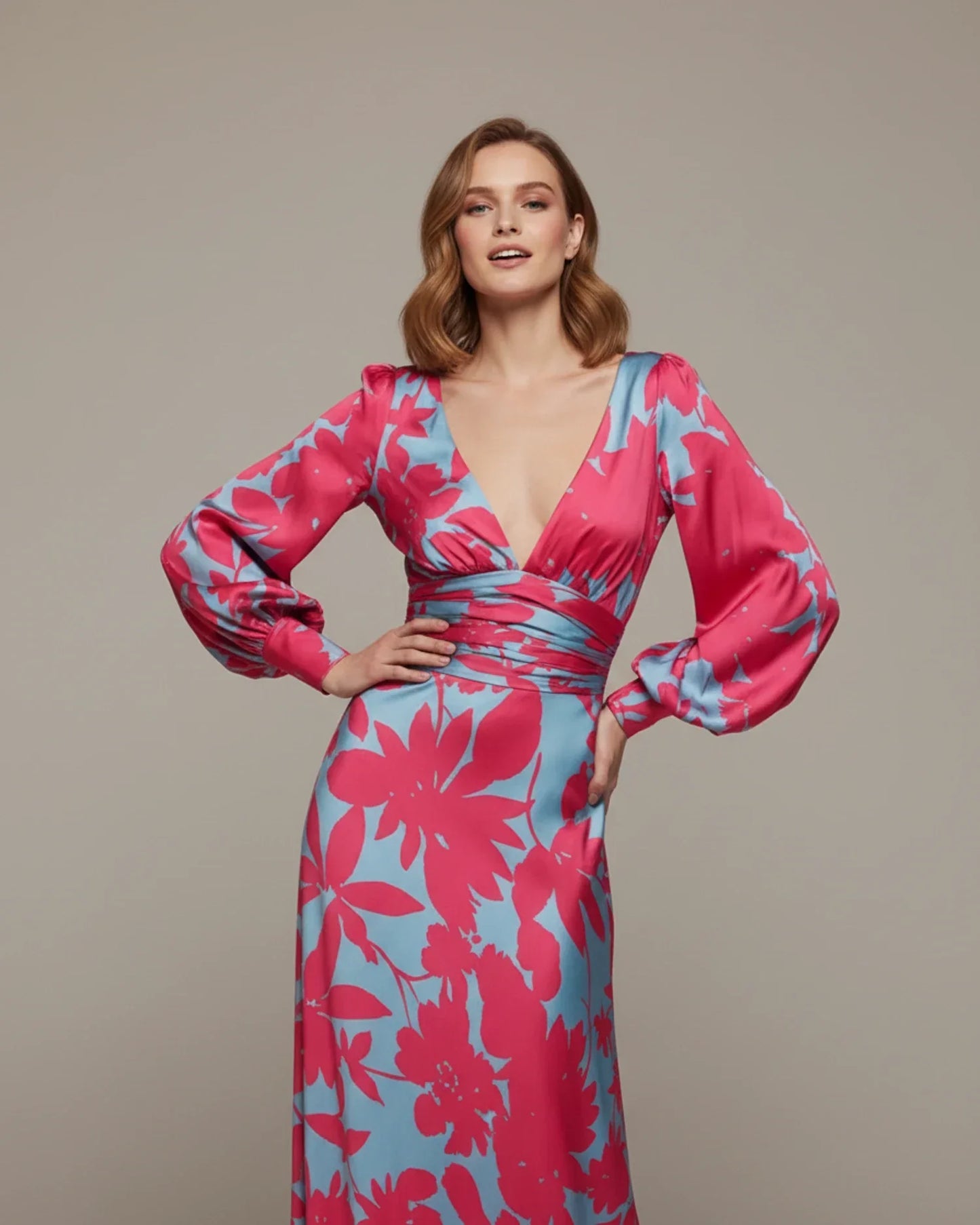 Abito Maxi Floreale Donna – Elegante Scollo a V con Maniche Bishop