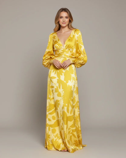 Abito Maxi Floreale Donna – Elegante Scollo a V con Maniche Bishop