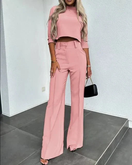 Women’s Cropped Top and Wide-Leg Trousers Set – Relaxed Two-Piece Outfit for Day or Evening